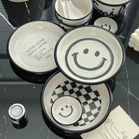 Black-White Smiling Face Ceramic Bowl Plate Set - SOFAVORITE